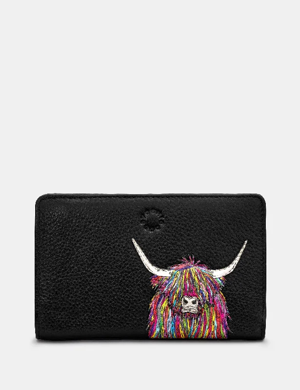 Highland Cow Black Leather Oxford Purse