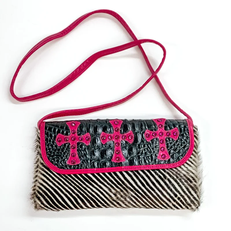 KurtMen Designs | Pink Crystal Cross Crocodile and Zebra Crossbody Clutch