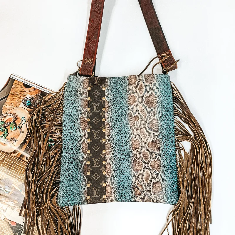 Keep It Gypsy | Hazel Bag in Turquoise Snake Print with Leather Fringe and Tooled Purse Strap