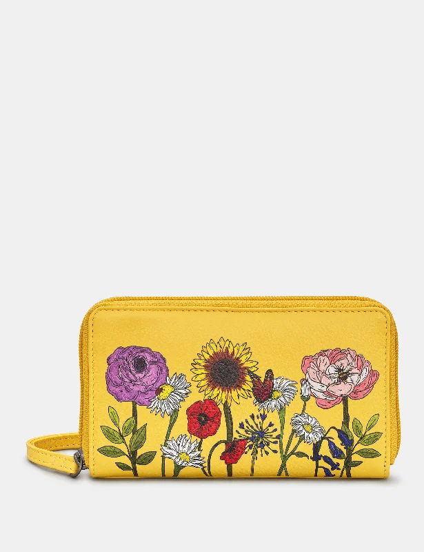 Wildflowers Zip Around Leather Purse With Wrist Strap