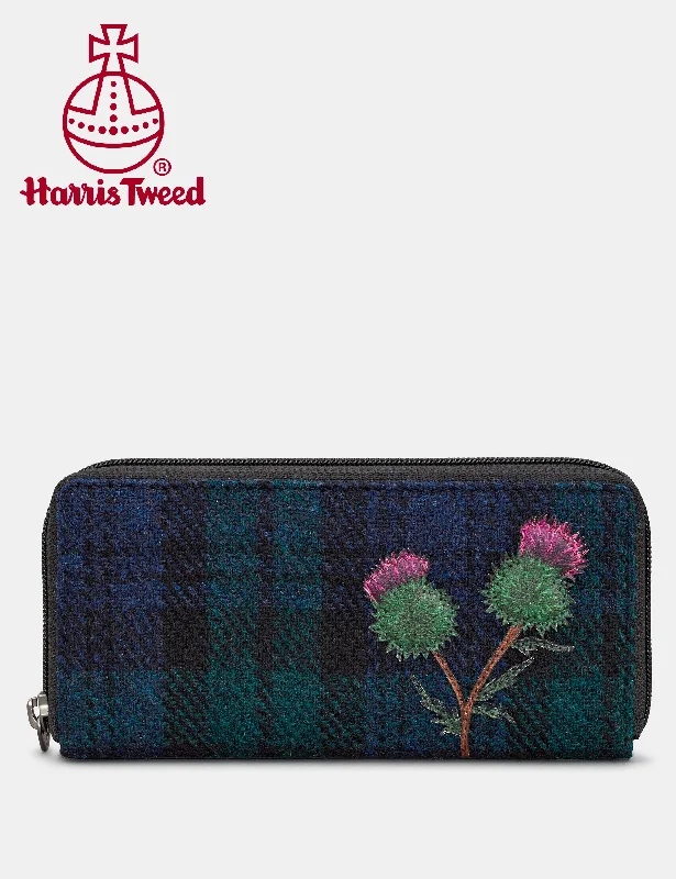 Highland Thistle Harris Tweed & Black Leather Zip Round Purse