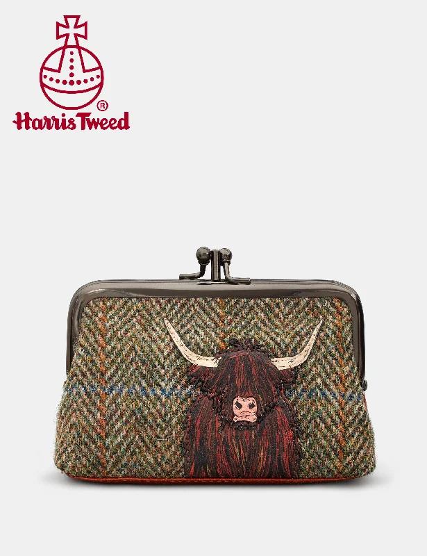 Highland Cow Harris Tweed & Brown Leather Aubrey Frame Purse