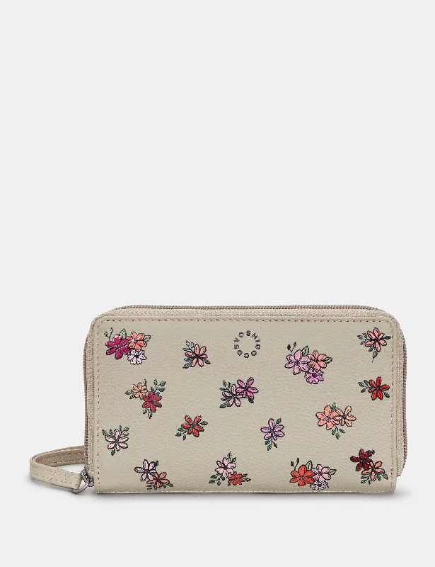 Ditsy Floral Zip Around Leather Purse With Wrist Strap