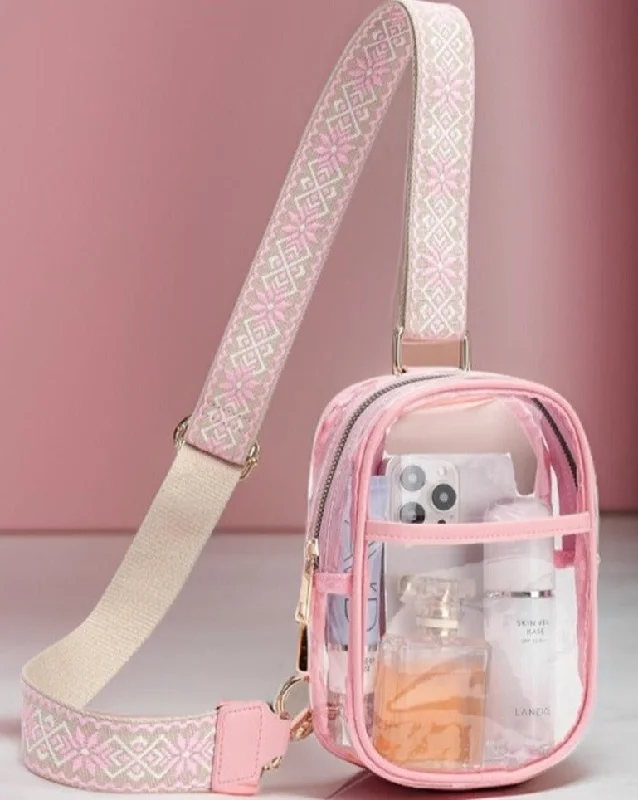 CLEAR SLING BAG WITH GUITAR STRAP PURSE  - PINK