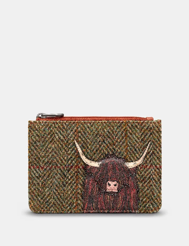 Highland Cow Harris Tweed & Brown Leather Zip Top Purse