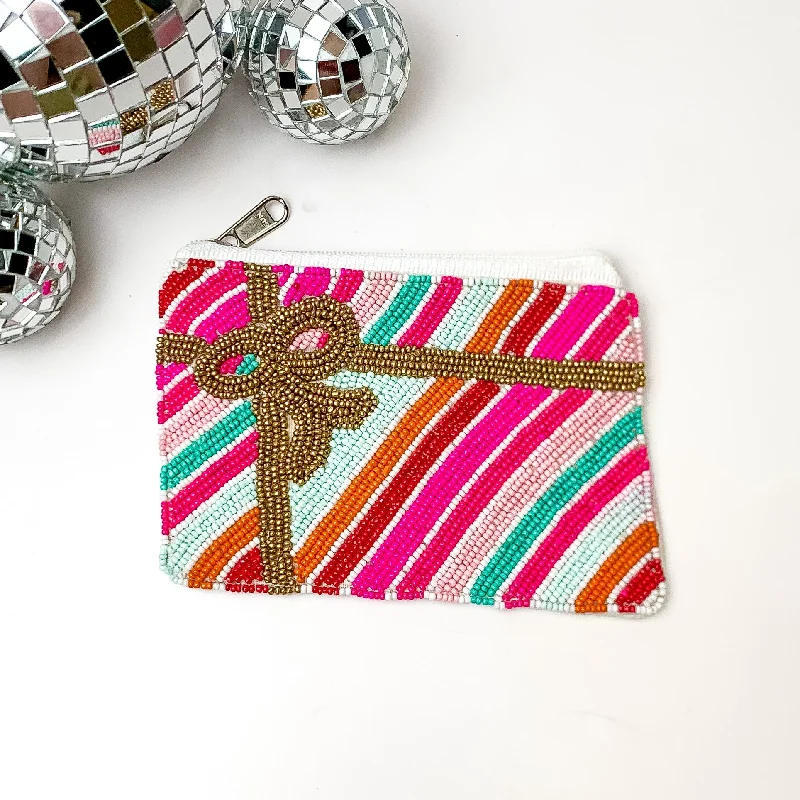 Striped Beaded Coin Purse with Gold Ribbon in Multicolor