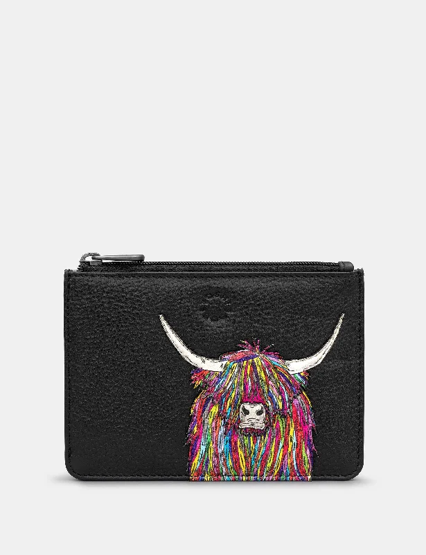 Highland Cow Black Leather Zip Top Purse