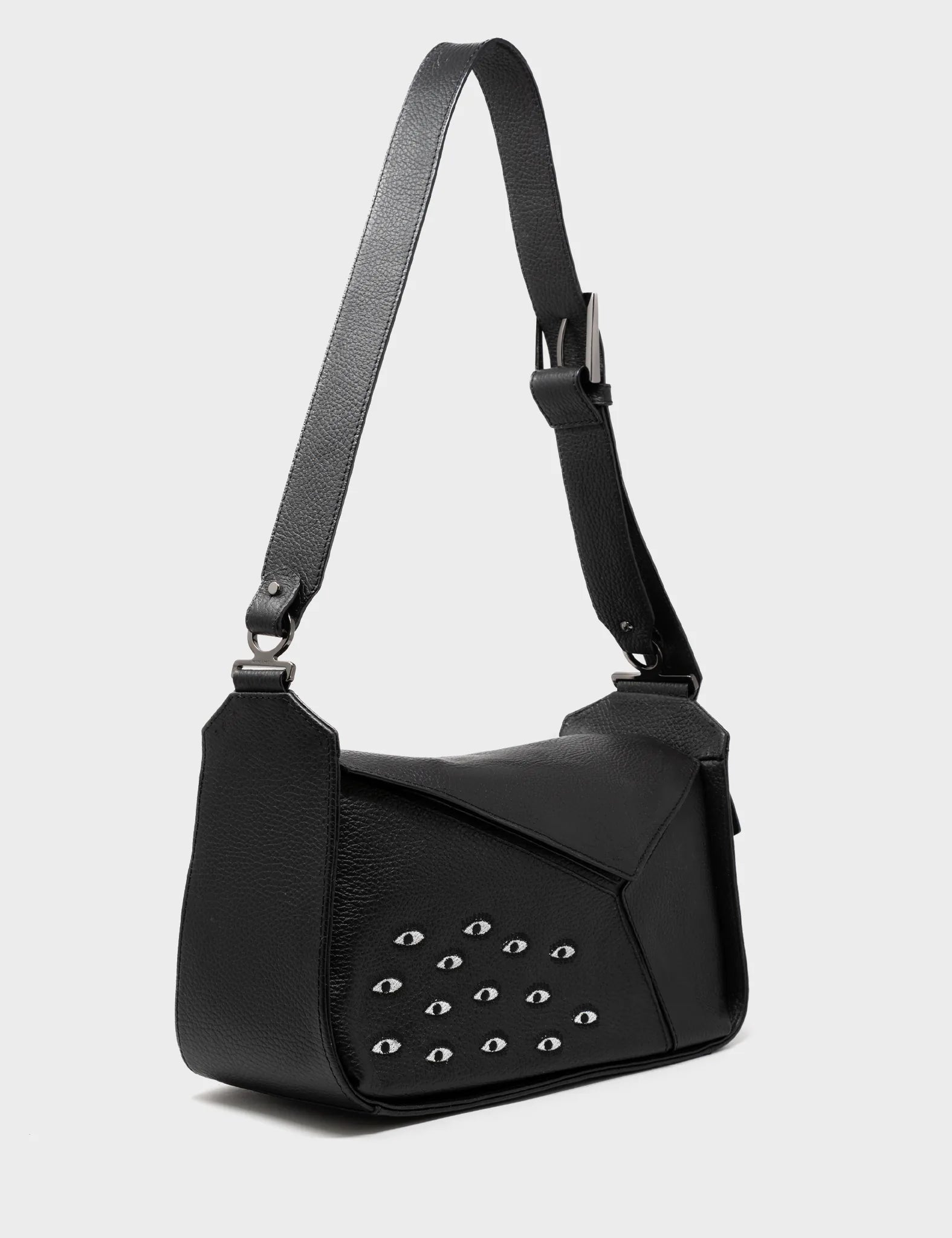 Houston Black Leather Shoulder Bag - Eyes Embroidery