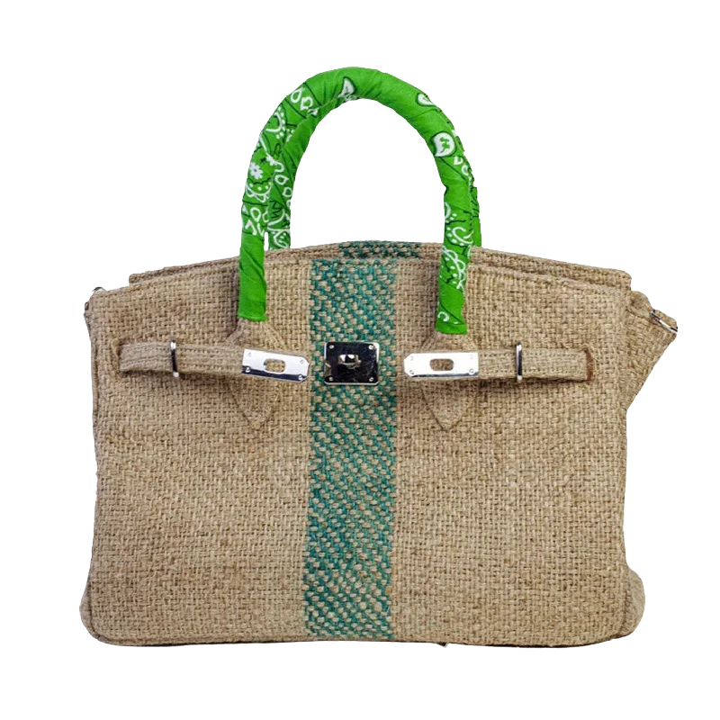 24H Birkin Style Green Coffee Jute Handbag