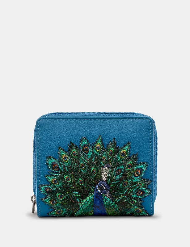 Peacock Plume Petrol Blue Leather Flap Over Zip Round Purse