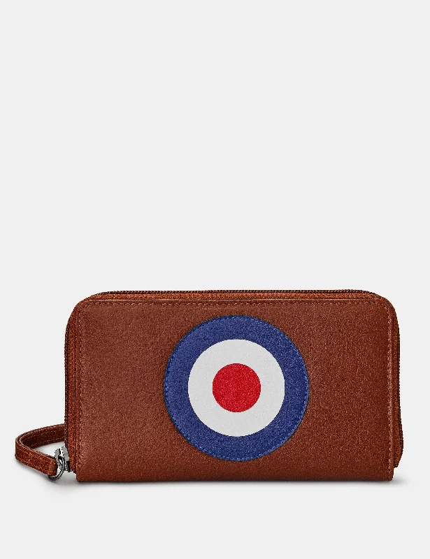 Mod Target Brown Leather Zip Around Purse With Wrist Strap